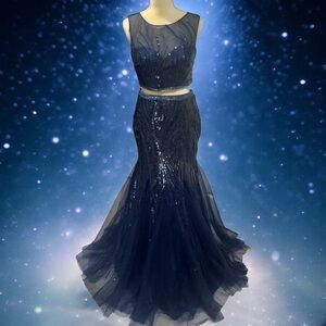 Morrell Maxie Midnight Blue Sequin Top Maxi Skirt Tule Dress Prom Quinceañera 6